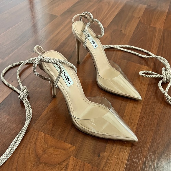 Steve Madden Beige Lace Up Clear Pointed Toe Heels - Picture 3 of 6